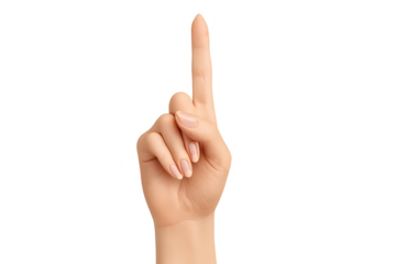 Female hand with index finger pointing up, isolated on transparent background