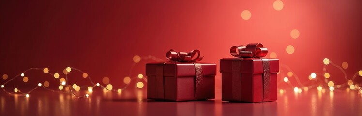 Two shiny red gift boxes with satin bows sit on reflective surface. Festive golden fairy lights twinkle on deep red background, creating magical, celebratory atmosphere perfect for holidays special