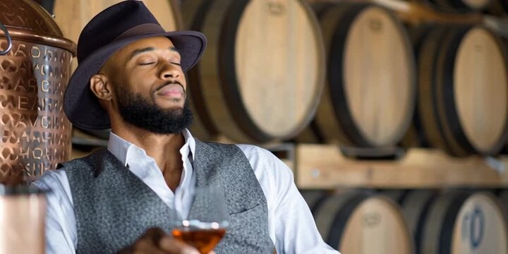 A black man bootlegger is distilling whiskey in a liquor distillery