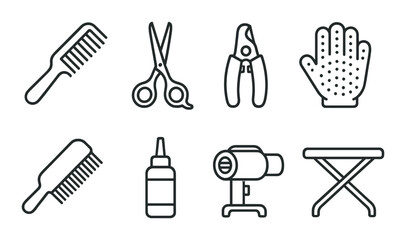 Silhouette pet grooming icon set featuring comb, scissors, clippers, glove, brush, spray, dryer, table