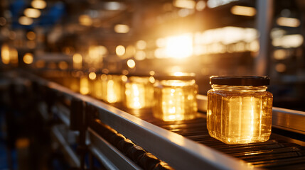Artistic shot of rows of honey jars illuminated by soft golden light, conveyor system stretching into distance, liquid honey inside glowing with warmth