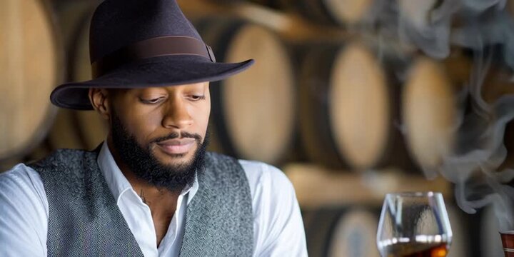 A black man bootlegger is distilling whiskey in a liquor distillery