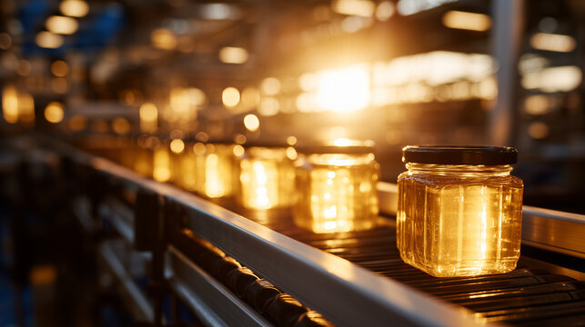 Artistic shot of rows of honey jars illuminated by soft golden light, conveyor system stretching into distance, liquid honey inside glowing with warmth