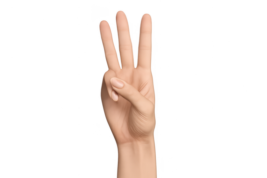 Hand showing three fingers isolated on a transparent background, counting gesture