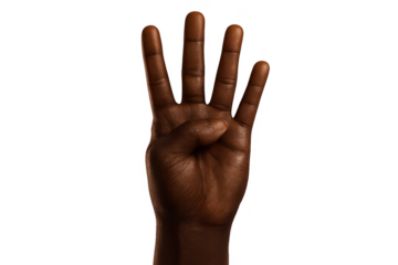 Dark-skinned hand showing four fingers, isolated on transparent background.