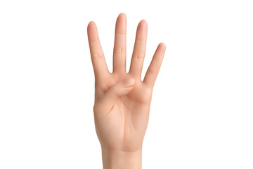 Fototapeta premium Human hand showing four fingers isolated on transparent background, gesture