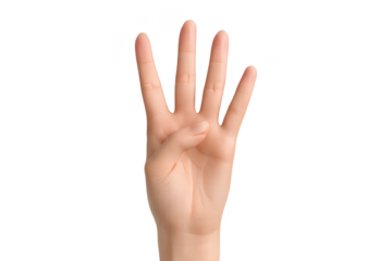 Human hand showing four fingers isolated on transparent background, gesture