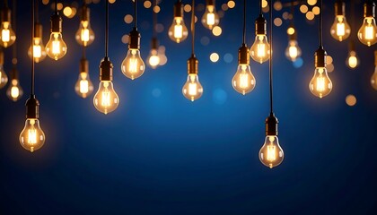 Warm, inviting lighting illuminates a collection of vintage Edison bulbs against a deep blue backdrop.