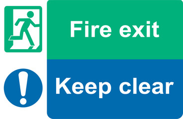 Green and white vector graphic of a fire exit sign above a blue keep clear sign.it shows a person in a firedoor and  the text Fire Exit and Keep clear