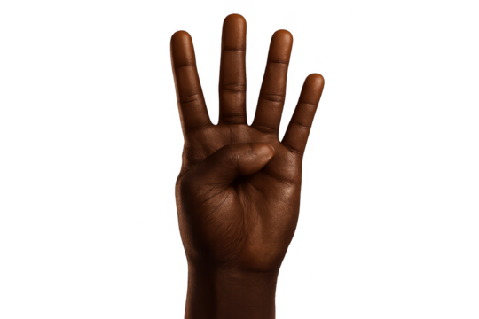 Dark-skinned hand showing four fingers, isolated on transparent background.