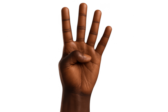Dark-skinned hand showing four fingers, isolated on transparent background