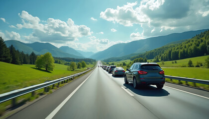 Cars queue on highway through green countryside landscape. Vehicles stuck in traffic jam on sunny day, surrounded by mountains, nature. Journey delayed, road congestion, travel challenges.