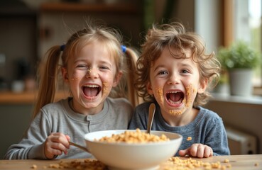 Two young kids happily eat cereal breakfast at home, faces smeared with food. Siblings share messy mealtime fun, morning light creating cosy bright atmosphere. Childhood happiness, family