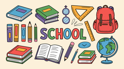 School books pencils globe backpack education learning ruler glasses study knowledge supplies back to school concept