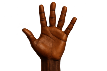 Dark-skinned human hand showing open palm, isolated on a transparent background