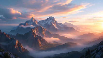 Sunrise in the Mountains. Golden Light on Peaks. Misty Mountain Morning