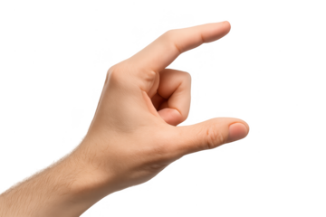 Male hand showing a small size gesture, perfectly isolated on transparent background