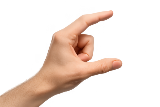 Male hand showing a small size gesture, perfectly isolated on transparent background
