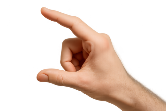 Male hand gesturing small size or making C-shape isolated on transparent background