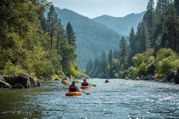 Kayakers navigate a serene river surrounded by lush green trees and majestic mountains in a beautiful scenic landscape.