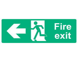 Transparent PNG file of green and white vector graphic of a fire exit sign. It consists of an arrow pointing left  indicating the direction of escape a person in a firedoor and text Fire Exit.