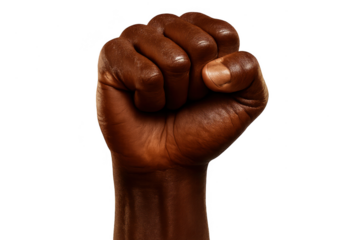 Powerful dark-skinned clenched fist isolated on transparent background.
