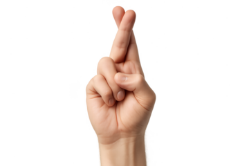 Hand with crossed fingers symbolizing good luck and hope, isolated on transparent background