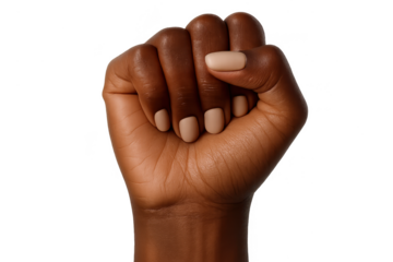 Dark-skinned hand making a powerful fist with beige nails, isolated on transparent background