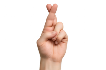 Human hand with crossed fingers gesture for good luck, isolated on transparent background