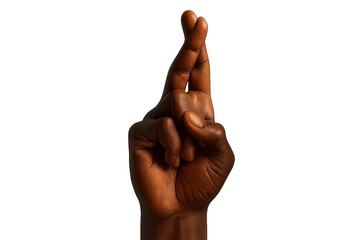 African American hand with fingers crossed gesture, isolated on a transparent background.