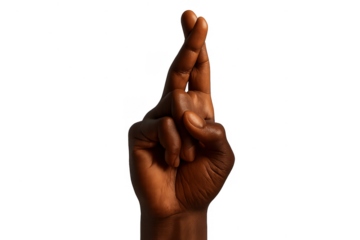 African American hand with fingers crossed gesture, isolated on a transparent background.