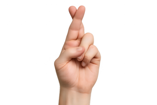Human hand with crossed fingers gesture for good luck, isolated on transparent background