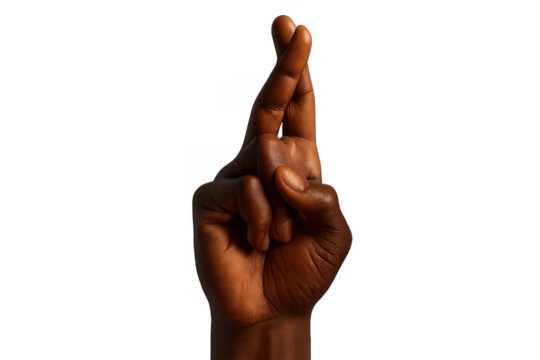 African American hand with fingers crossed gesture, isolated on a transparent background.