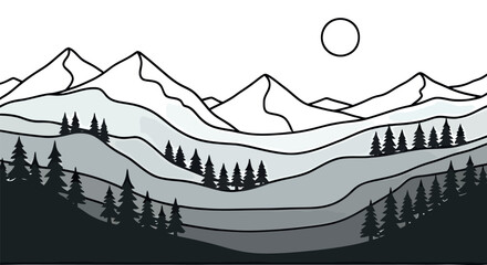 Serene mountain landscape illustration in minimalist black and white style. Vector line art of layered hills, pine forest, and snowy peaks.