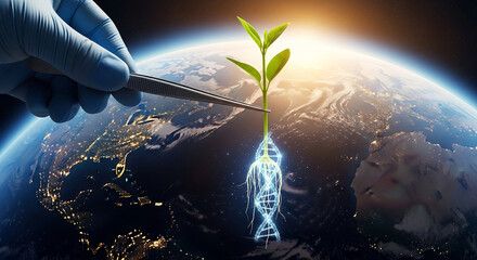 Gloved hand holds sprout with DNA roots over Earth, symbolizing genetic engineering, biotechnology, or environmental sustainability