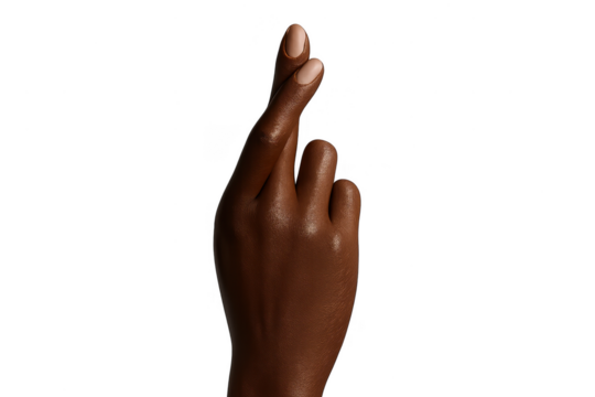 Dark-skinned hand with fingers crossed, isolated on transparent background.