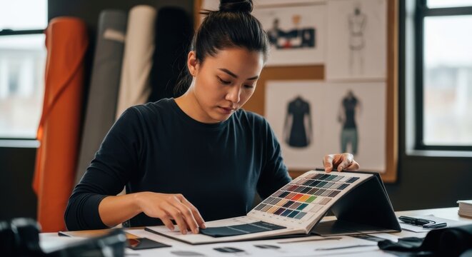 Asian female designer reviewing fabric samples at fashion studio
