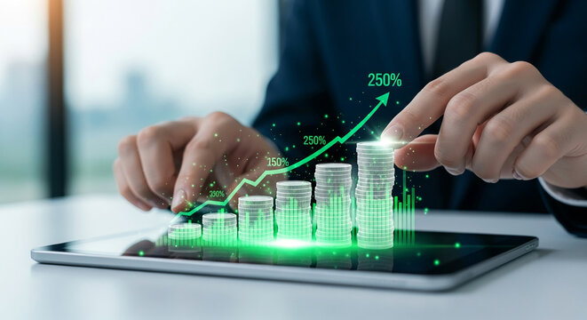 Hands interacting with a tablet displaying a growing green graph and coin stacks, symbolizing financial growth and digital investment success