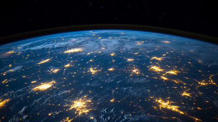 Stunning twilight view of Earth from space with glowing horizon and city lights, cosmic perspective highlighting planet beauty, atmosphere, and universal wonder.