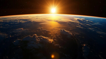 Stunning twilight view of Earth from space with glowing horizon and city lights, cosmic perspective highlighting planet beauty, atmosphere, and universal wonder.