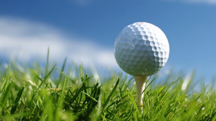 A golf ball sits on a tee against a backdrop of lush green grass and a bright blue sky. The setting is ideal for a round of golf on a sunny day, perfect for outdoor enthusiasts.