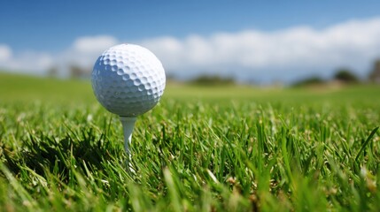 Fototapeta premium A golf ball is perched on a tee, surrounded by vibrant green grass. The sky is bright and clear, indicating a sunny day, perfect for a round of golf.
