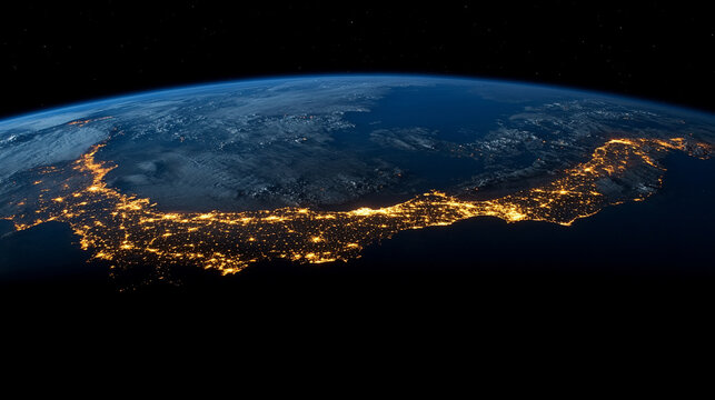 Stunning twilight view of Earth from space with glowing horizon and city lights, cosmic perspective highlighting planet beauty, atmosphere, and universal wonder.