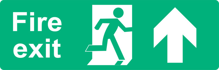 Green and white vector graphic of a fire exit sign. It consists of an arrow pointing up indicating the direction of escape a person in a firedoor and a label with the text Fire Exit.