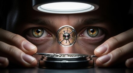 Focused caucasian male watchmaker examining watch mechanism under magnifier light