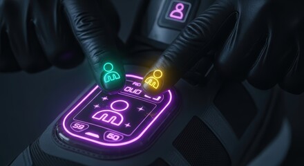 Futuristic touchscreen interface with gloved hands and neon icons