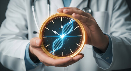 Doctor's hands hold a gold clock with a DNA helix inside, symbolizing time and genetic research, showcasing medical innovation and healthcare concepts