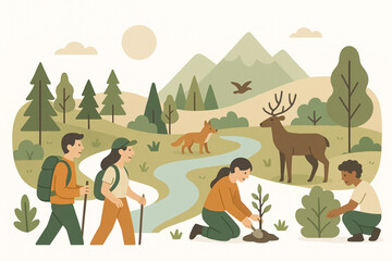 Stylized Flat Vector Illustration of Forests, Rivers, Mountains, and Wildlife — People Hiking, Planting Trees, and Respecting Habitats