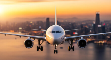 Naklejka premium Airplane approaching city at sunset, showcasing travel, adventure, and global connectivity