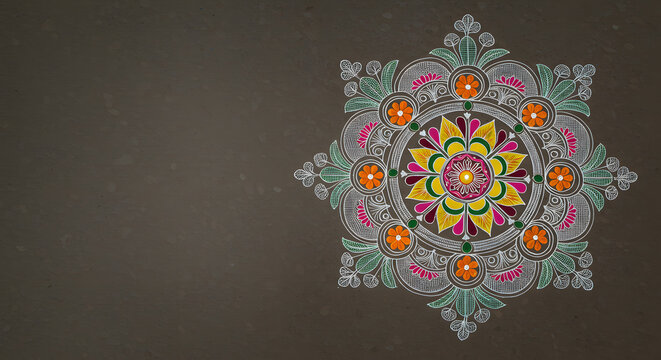 Rangoli design diwali festival onam kolam art decoration floor powder color background tradition india hindu culture mandala pattern - Powered by Adobe